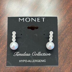 Monet Silver and Pearl Drop Earrings